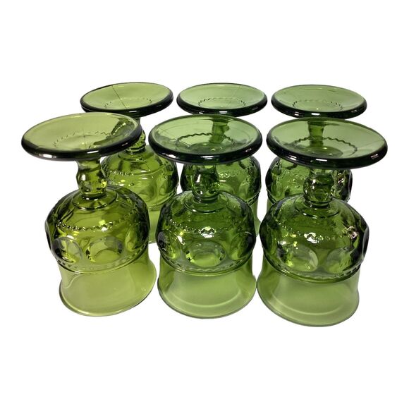 Kings Crown Avocado Green Thumb Print  Indiana Glass Cordial Glasses Six - Picture 9 of 9